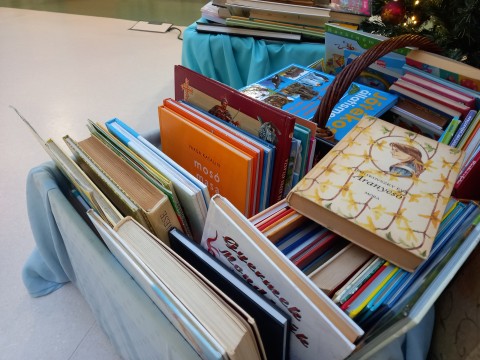 Korosztály szerint szétválogatott könyvek a kosárban.