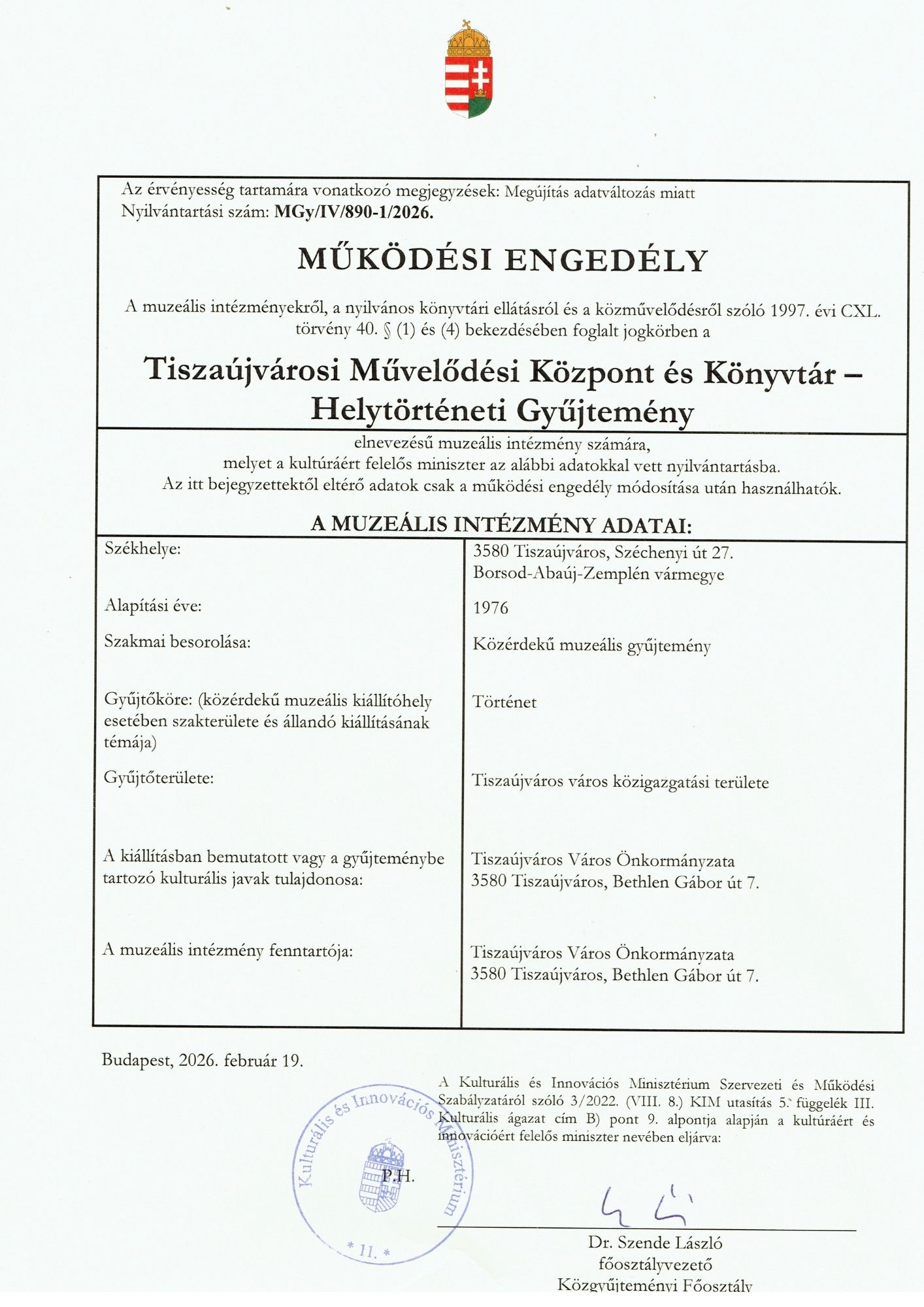 A Helytörténeti Gyűjtemény működési engedélye